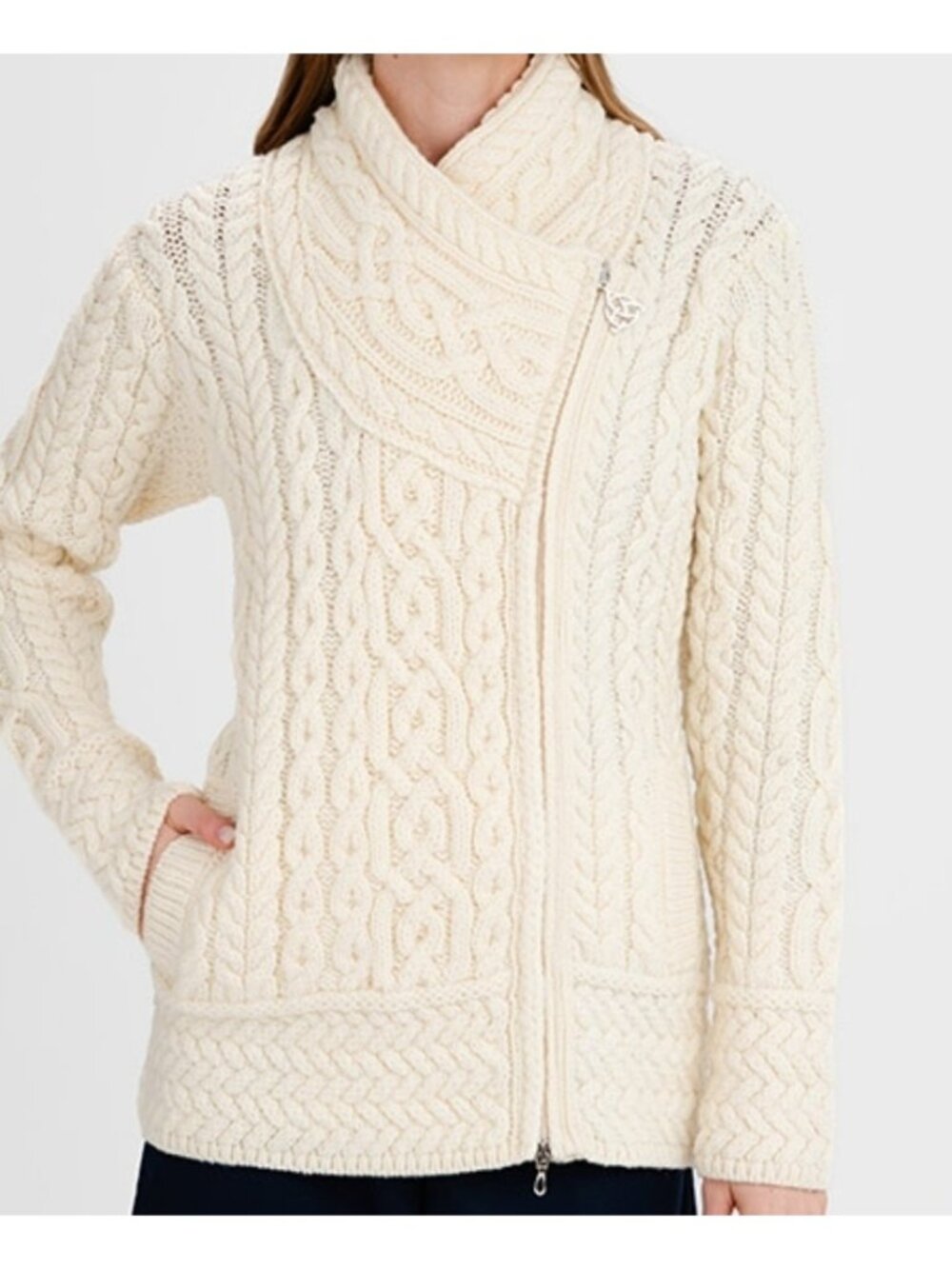 Aran Crafts Cream 100% Wool Cable Knit Sweater Cardigan Full Zip Ireland Small